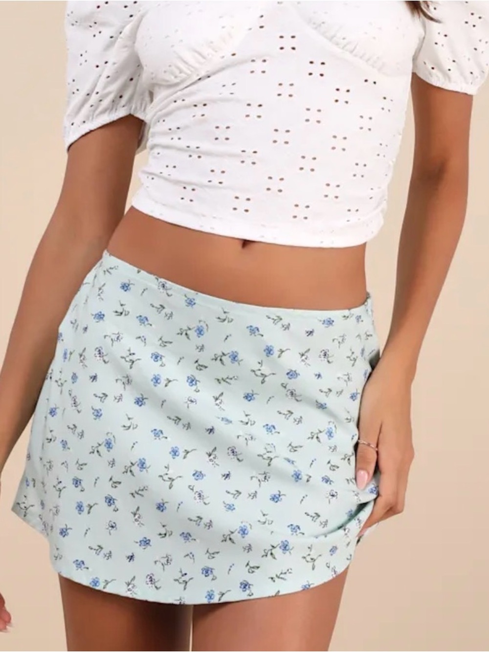 Motel Rocks Mint Mini Skirt with Blue Floral Print